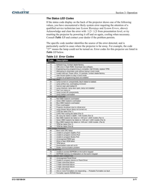 Page 99 Section 3: Operation 
013-100199-04  3-71. 
The Status LED Codes 
If the status code display on the back of the projector shows one of the following 
values, you have encountered a likely system error requiring the attention of a 
qualified service technician (see System Warnings and System Errors, above). 
Acknowledge and clear the error with 
Exit Exit from presentation level, or try 
resetting the projector by powering it off and on again, cooling when necessary. 
Consult Table 3.5 and contact your...