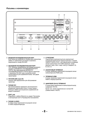 Page 10- 8 -020-000439-01 Ред.1 (08-2011)
Разъемы и коннекторы
d ГНЕЗДО	R/C
 При использовании проводного дистанционного 
управления подключайте пульт к этому гнезду с 
помощью кабеля дистанционного управления (не 
входит в комплект).
c РАЗЪЕМ	USB	(серия	B)
 Разъем USB предназначен для обслуживания 
проектора.
f ГНЕЗДО	S-VIDEO
 К этому гнезду подключается выходной сигнал 
S-VIDEO видеоаппаратуры.
a ВХОДНОЙ	ПОСЛЕДОВАТЕЛЬНЫЙ	ПОРТ Если проектор управляется посредством компьютера, 
кабель от компьютера (не входит в...