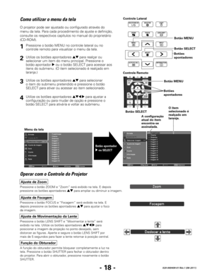 Page 120- 18 -020-000409-01 Rév.1 (08-2011)
Como utilizar o menu da tela
Operar com o Controle do Projetor
O projetor pode ser ajustado ou configurado através do 
menu da tela. Para cada procedimento de ajuste e definição, 
consulte os respectivos capítulos no manual do proprietário 
(CD-ROM).
Controle Lateral
Controle Remoto
Menu da tela
Botão apontador  
8 ou SELECT
Utilize os botões apontadores ed para realçar ou 
selecionar um item do menu principal. Pressione o 
botão apontador 
8 ou o botão SELECT para...