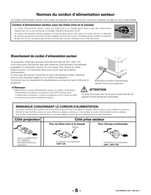 Page 28- 6 -020-000409-01 Rév.1 (08-2011)
Normes du cordon d’alimentation secteur
Branchement du cordon d’alimentation secteur
Ce projecteur utilise des tensions d’entrée nominale de 100 - 240 V CA.  
Il est conçu pour fonctionner avec des systèmes d’alimentation monophasée 
possédant un conducteur neutre mis à la masse. Pour réduire le risque 
d’électrocution, ne le branchez dans aucun autre type de système 
d’alimentation.
Si vous avez des doutes concernant le type d’alimentation utilisé, adressez-
vous à...