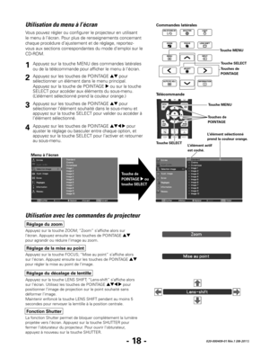 Page 40- 18 -020-000409-01 Rév.1 (08-2011)
Utilisation du menu à l’écran
Utilisation avec les commandes du projecteur
Vous pouvez régler ou configurer le projecteur en utilisant 
le menu à l’écran. Pour plus de renseignements concernant 
chaque procédure d’ajustement et de réglage, reportez-
vous aux sections correspondantes du mode d’emploi sur le 
CD-ROM.Appuyez sur les touches de POINTAGE 
ed pour 
sélectionner un élément dans le menu principal. 
Appuyez sur la touche de POINTAGE 
8 ou sur la touche 
SELECT...