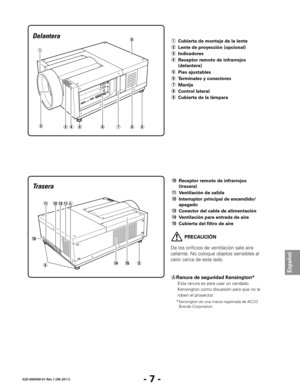 Page 49- 7 -
Español
020-000409-01 Rév.1 (08-2011)
u
e r t
Delantera
q
y i
Trasera
A Ranura de seguridad Kensington*
Esta ranura es para usar un candado 
Kensington como disuasión para que no le 
roben el proyector.
*
Kensington es una marca registrada de ACCO  Brands Corporation.
t
!0 Receptor remoto de infrarrojos 
(tr asera)
!1
	V

entilación de salida
!2
	Int

erruptor principal de encendido/
apagado
!3
 Conector del cable de alimentación
!4
 Ventilación par

a entrada de aire
!5
 Cubierta del filtr

o de...