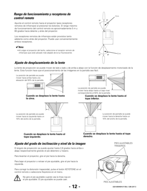 Page 54- 12 -020-000409-01 Rév.1 (08-2011)
Apunte el control remoto hacia el proyector (para receptores 
remotos de infrarrojos) al presionar los botones. El rango máximo 
de funcionamiento del control remoto es aproximadamente 5 m y 
60 grados hacia delante y atrás del proyector.
Los receptores remotos de infrarrojos están provistos tanto 
adelante como atrás del proyector. Puede usar convenientemente 
ambos receptores.
Rango de funcionamiento y receptores de 
control remotoAjuste del grado de inclinación y...