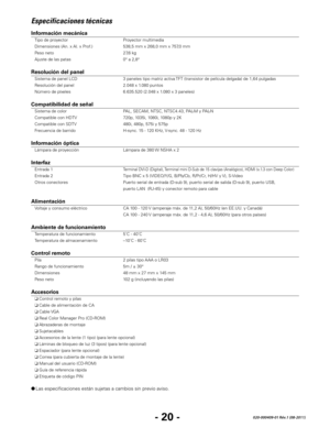 Page 62- 20 -020-000409-01 Rév.1 (08-2011)
Especificaciones técnicas
Información mecánica
 Tipo de proyector Pro yector multimedia 
 Dimensiones (An. x Al. x P

rof.)
 538,5 mm x 268,0 mm x 757,0 mm 
 Peso neto 27,6 k

g 
 Ajuste de las patas 0° a 2,8° 
 
Resolución del panel
 Sistema de panel LCD 3 paneles tipo matriz activa  TFT (transistor de película delgada) de 1,64 pulgadas 
 Resolución del panel 2.048 x 1.080 puntos  
 Número de píxeles 6.635.520 (2.048 x 1.080 x 3 paneles) 
 
Compatibilidad de señal...