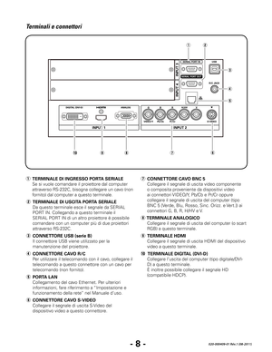 Page 90- 8 -020-000409-01 Rév.1 (08-2011)
Terminali e connettori
r	CONNETTORE CAVO R/C
  Per utilizzare il telecomando con il cavo, collegare il 
telecomando a questo connettore con un cavo per 
telecomando (non fornito).
e	
CONNETTORE USB (serie B)
  Il connettore USB viene utilizzato per la 
manutenzione del proiettore.
y	 CONNETTORE CAVO S-VIDEO
  Collegare il segnale di uscita S-Video del 
dispositivo video a questo connettore.
q	
TERMINALE DI INGRESSO PORTA SERIALE
  Se si vuole comandare il proiettore dal...