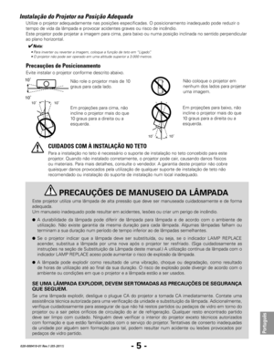 Page 107- 5 -
Português
020-000410-01 Rev.1 (05-2011)
Instalação do Projetor na Posição Adequada
Evite instalar o projetor conforme descrito abaixo.
Não role o projetor mais de 10 
graus para cada lado. 
10˚10˚
Em projeções para baixo, não 
incline o projetor mais do que 
10 graus para a direita ou a 
esquerda.
Para a instalação no teto é necessário o suporte de instalação no teto concebido para este 
projetor. Quando não instalado corretamente, o projetor pode cair, causando danos físicos 
ou materiais. Para...