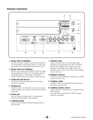 Page 110- 8 -020-000410-01 Rev.1 (05-2011)
Terminals e Conectores
r TOMADA R/C
  Quando utilizar o controle remoto com fios, ligue-o 
a esta entrada com o cabo do controle remoto (não 
fornecido).
e 
CONECTOR USB (Série B)
  O conector USB será usado para fazer serviços 
técnicos no projetor.
y  TOMADAS-VÍDEO
  Ligue o sinal de saída S-VIDEO do equipamento a 
esta tomada.
q 
SERIAL PORT IN TERMINAL
  Se você controlar o projetor através do RS-232C de 
um computador, você deve conectar um cabo (não 
fornecido) do...