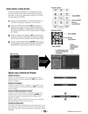 Page 120- 18 -020-000410-01 Rev.1 (05-2011)
Como utilizar o menu da tela
O projetor pode ser ajustado ou configurado através 
do menu da tela. Para cada procedimento de ajuste e 
definição, consulte os respectivos capítulos no manual 
do proprietário (CD-ROM).Utilize os botões apontadores 
ed para realçar ou 
selecionar um item do menu principal. Pressione o 
botão apontador 
8 ou o botão SELECT para acessar 
aos itens do submenu. (O item selecionado é realçado 
em laranja.)
Utilize os botões apontadores  
ed...