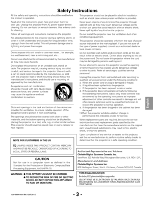 Page 5- 3 -
English
020-000410-01 Rev.1 (05-2011)
All the safety and operating instructions should be read before 
the product is operated.
Read all of the instructions given here and retain them for 
later use. Unplug this projector from AC power supply before 
cleaning. Do not use liquid or aerosol cleaners. Use a damp cloth 
for cleaning.
Follow all warnings and instructions marked on the projector.
For added protection to the projector during a lightning storm, or 
when it is left unattended and unused for...