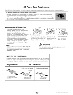 Page 8- 6 -020-000410-01 Rev.1 (05-2011)
The AC Power Cord supplied with this projector meets the requirement for use in the country you purchased it.  
AC Power Cord for the United States and Canada:
AC Power Cord used in the United States and Canada is listed by the Under writers Laboratories 
(UL) and certified by the Canadian Standard Association (CSA).
AC Power Cord has a grounding-type AC line plug. This is a safety feature to be sure that the plug 
will fit into the power outlet. Do not try to defeat...