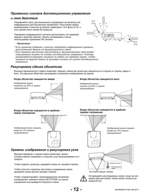Page 14- 12 -020-000440-01 Ред.1 (08-2011)
Направляйте пульт дистанционного управления на проектор (на инфракрасные дистанционные приемники). Расстояние между приемниками и пультом не должно превышать 16,4 фута (5 м), а угол должен быть менее 60 градусов.
Приемники инфракрасного сигнала расположены на передней, задней и верхней панелях. Можно активировать только используемые приемники ИК сигнала. 
Приемники сигнала дистанционного управления  
и зона действия
Примечание:
•   Если проектор подвешен к потолку,...