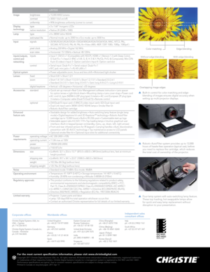 Page 2Without edge blendin\
gWith edge blending
Without edge blendin\
gWith edge blending
   Built-in control for color matching and edge-
blending of images ensures digital accuracy when 
setting up multi-projector displays.
   Robotic AutoFilter \,system provides up to 12,000 
hours of hassle-free operation (typical use), before   
you need to replace the cartrid\,ge, which reduces  
the total cost of \,ownership of the p\,rojector.
    Four-lamp system with \,auto-switching lam\,p feature. 
These top...