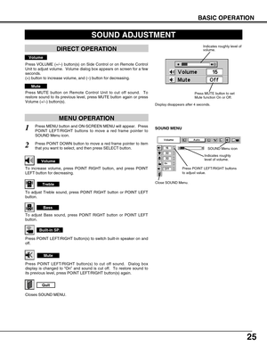 Page 2525
1
2
Press MENU button and ON-SCREEN MENU will appear.  Press
POINT LEFT/RIGHT buttons to move a red frame pointer to
SOUND Menu icon. 
Volume
Press VOLUME (+/–) button(s) on Side Control or on Remote Control
Unit to adjust volume.  Volume dialog box appears on screen for a few
seconds.
(+) button to increase volume, and (–) button for decreasing.
Mute
Press MUTE button on Remote Control Unit to cut off sound.  To
restore sound to its previous level, press MUTE button again or press
Volume (+/–)...