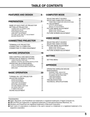 Page 55
TABLE OF CONTENTS
FEATURES AND DESIGN 6
BEFORE OPERATION 16COMPUTER MODE 26
VIDEO MODE 35
SETTING 40
APPENDIX 43 PREPARATION 7
NAME OF EACH PART OF PROJECTOR 7
SETTING-UP PROJECTOR 8
CONNECTING AC POWER CORD 8
LENS INSTALLATION 9
POSITIONING PROJECTOR 9
LENS SHIFT ADJUSTMENT 9
PICTURE LEVEL AND TILT ADJUSTMENT 10
MOVING PROJECTOR 10
CONNECTING PROJECTOR 11
TERMINALS OF PROJECTOR 11
CONNECTING TO COMPUTER 14
CONNECTING TO VIDEO EQUIPMENT 15
SIDE CONTROLS AND INDICATORS 16
OPERATION OF REMOTE CONTROL 18...