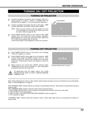 Page 1717
BEFORE OPERATION
TURNING ON PROJECTOR
Connect a projectors AC Power Cord into an AC outlet.  LAMP
Indicator lights RED, and READY Indicator lights GREEN.
Press POWER ON-OFF button on Top Control to ON. LAMP
Indicator dims, and Cooling Fans start to operate. Preparation
Display appears on a screen and  count-down starts. Signal from
PC or Video source appears after 30 seconds.
Current Input position is also displayed on screen for 5 seconds. 
2
3
TURNING OFF PROJECTOR
Press POWER ON-OFF button on Top...