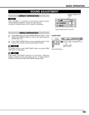 Page 1919
BASIC OPERATION
1
2
Press MENU button and ON-SCREEN MENU will appear.  Press
POINT LEFT/RIGHT buttons to move a red frame pointer to
SOUND Menu icon. 
Volume
Press VOLUME (+/–) button(s) on Top Control to adjust volume.
Volume dialog box appears on screen for a few seconds.
(+) button to increase volume, and (–) button for decreasing.
To increase volume, press POINT RIGHT button, and press POINT
LEFT button for decreasing. 
Press POINT LEFT/RIGHT button(s) to cut off sound.  Dialog box
display is...