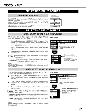 Page 31
31
When video input signal is connected to Y-Pb/Cb-
Pr/Cr jacks, select Y, Pb/Cb, Pr/Cr.Y,Pb/Cb,Pr/Cr
SELECTING INPUT SOURCE
Press MENU button and ON-SCREEN MENU will appear.  Press
POINT LEFT/RIGHT buttons to move a red frame pointer to
INPUT Menu icon.1
Move a pointer (red arrow)
to source and press
SELECT button.
Source Select Menu (VIDEO)
Move a pointer to source that you want to select and then press
SELECT button.3
When video input signal is connected to VIDEO jack,
select Video.Video
When video...
