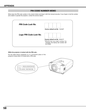 Page 58
58
APPENDIX
Write down the PIN code number in the column below and keep it with this\
 manual securely. If you forgot or lost the number
and unable to operate the projector, contact the service station. 

Factory default set No:  1 2 3 4*Factory default set No:  4 3 2 1*

*Should the four-digit number be changed, the factory set number will
be invalid.
Put the label below (supplied) on in a prominent place of the
projectors body while it is locked with a PIN code.

While the projector is locked with the...