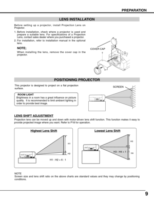 Page 9
9
PREPARATION
LENS SHIFT ADJUSTMENT
Projection lens can be moved up and down with motor-driven lens shift fu\
nction. This function makes it easy to
provide projected image where you want. Refer to P18 for operation.

H3H4
H1
H2

Highest Lens ShiftLowest Lens Shift

H1 : H2 = 6 : 1 H3 : H4 = 1 : 1
NOTE
Screen size and lens shift ratio on the above charts are standard values\
 and they may change by positioning
conditions.

POSITIONING PROJECTOR

This projector is designed to project on a flat...