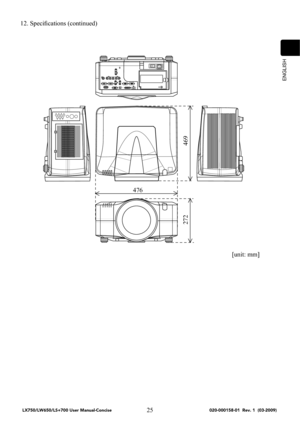 Page 27ENGLISH
25 12. Speciﬁcations (continued)
[unit: mm]
I    O
469 272
476
LX750/LW650/LS+700 User Manual-Concise 020-000158-01 Rev. 1 (03-2009) 