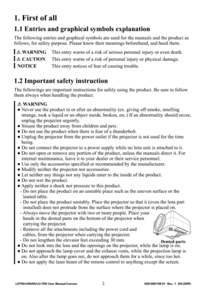 Page 42
1. First of all
1.1 Entries and graphical symbols explanation
The following entries and graphical symbols are used for the manuals and the product as 
follows, for safety purpose. Please know their meanings beforehand, and heed them.
 WARNINGThis entry warns of a risk of serious personal injury or even death.
 CAUTIONThis entry warns of a risk of personal injury or physical damage.
NOTICEThis entry notices of fear of causing trouble.
1.2 Important safety instruction
The followings are important...