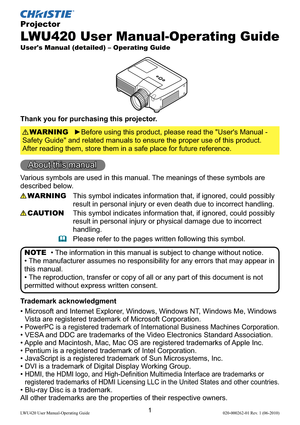 Page 31LWU420 User Manual-Operating Guide 020-000262-01 Rev. 1 (06-2010)
Projector
LWU420 User Manual-Operating Guide
User's Manual (detailed) – Operating Guide
Thank you for purchasing this projector.
►Before using this product, please read the "User's Manual -  
Safety Guide" and related manuals to ensure the proper use of this product.  
After reading them, store them in a safe place for future reference.WARNING
• The information in this manual is subject to change without notice.
• The...