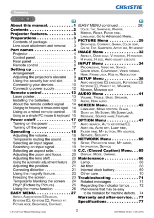 Page 42LWU420 User Manual-Operating Guide 020-000262-01 Rev. 1 (06-2010)
Contents
Contents 
About this manual ...........1
Contents  ..................2
Projector features ...........3
Preparations ...............3
Contents of package ............. 3
Lens cover attachment and removal ... 3
Part names  ................4
Projector ...................... 4
Control panel ................... 5
Rear panel  .................... 5
Remote control ................. 6
Setting up  .................7
Arrangement...