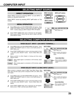 Page 2525
COMPUTER INPUT
SELECTING INPUT SOURCE
MENU OPERATION
INPUT 3
DIRECT OPERATION
Select INPUT source by pressing INPUT 1/2 and INPUT 3
buttons on Remote Control Unit.
Press MENU button and ON-SCREEN MENU will appear.  Press
POINT LEFT/RIGHT buttons to select Input and press  SELECT
button.  
Another dialog box INPUT SELECT Menu will appear. 
Press POINT DOWN button and a red-arrow icon will appear.
Move arrow to INPUT source that you want to select, and then
press SELECT button.  
1
2
INPUT 1/2 button...