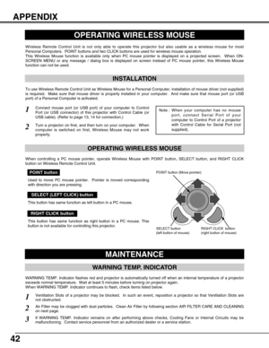 Page 4242
APPENDIX
OPERATING WIRELESS MOUSE
INSTALLATION
Wireless Remote Control Unit is not only able to operate this projector but also usable as a wireless mouse for most
Personal Computers.  POINT buttons and two CLICK buttons are used for wireless mouse operation.
This Wireless Mouse function is available only when PC mouse pointer is displayed on a projected screen.  When ON-
SCREEN MENU or any message / dialog box is displayed on screen instead of PC mouse pointer, this Wireless Mouse
function can not be...
