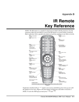 Page 119Appendix B 
IR Remote  
Key Reference 
 
   Christie DS+60/DW30/Matrix 3000  User’s Manual     B-1 
NOTE: The IR remote is a standard component provided with the projector. Use the 
extension cable also provided to convert the IR remote to a wired remote, if desired.  
Refer to Section 3 for a specific description of each key and how to use them correctly. 
 
Toggle keys marked with an “*” require you to press and hold or
 press twice or use with 
the up/down arrow keys. Refer to the description of these...