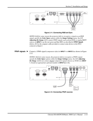 Page 19Section 2: Installation and Setup 
 
Christie DS+60/DW30/Matrix 3000 User’s Manual     2-13  
 
Figure 2.11. Connecting RGB and Sync 
NOTES: 1) If for some reason the projector fails to recognize a signal as an RGB 
signal, specify the Color Space option within the Image Settings menu. See 3.7, 
Adjusting the Image. 2) To connect YPbPr signals–such as from DVDs or analog HDTV 
sources–to 
INPUT 1, use the red, green and blue BNCs as described in YPbPr Signals 
(below). 3) Use the computer cable provided,...