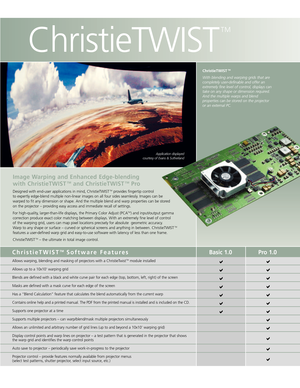 Page 4Image Warping and Enhanced Edgeblending 
with ChristieTWISTTMand ChristieTWISTTMPro
Designed with enduser applications in mind, ChristieTWISTTMprovides fingertip control 
to expertly edgeblend multiple nonlinear images on all four sides seamlessly. Images can be 
warped to fit any dimension or shape. And the multiple blend and warp properties can be stored on the projector – providing easy access and immediate recall of settings.
For highquality, largerthanlife displays, the Primary Color Adjust (PCA
TM)...