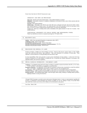 Page 133Appendix G: 300W P-VIP Product Safety Data Sheets 
 
   Christie DS+60/DW30/Matrix 3000 User’s Manual G-3      
  