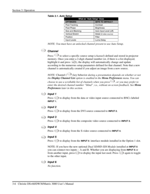 Page 32Section 3: Operation 
3-6   Christie DS+60/DW30/Matrix 3000 User’s Manual  
Table 3.1. Auto Setup  
What an “Auto Setup” Does 
OPTIMIZES: SETS TO DEFAULT: 
Pixel Tracking  Contrast 
Pixel Phase  Brightness 
Size and Blanking  Auto Input Level (off) 
Vertical Stretch  Detail (if video source) 
Position Filter 
Input Levels   Luma Delay 
NOTE: You must have an unlocked channel present to use Auto Setup.  
Channel 
Press 
C han nel to select a specific source setup (channel) defined and stored in projector...