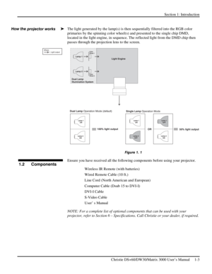 Page 5Section 1: Introduction   
 
Christie DS+60/DW30/Matrix 3000 User’s Manual     1-3  
 
The light generated by the lamp(s) is then sequentially filtered into the RGB color 
primaries by the spinning color wheel(s) and presented to the single chip DMD, 
located in the light engine, in sequence. The reflected light from the DMD chip then 
passes through the projection lens to the screen. 
 
Figure 1. 1 
Ensure you have received all the following components before using your projector.  
 Wireless IR Remote...