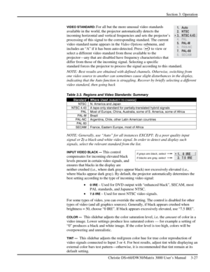 Page 53Section 3: Operation 
 
Christie DS+60/DW30/Matrix 3000 User’s Manual     3-27  
VIDEO STANDARD: For all but the more unusual video standards 
available in the world, the projector automatically detects the 
incoming horizontal and vertical frequencies and sets the projector’s 
processing of this signal to the corresponding standard. The current 
video standard name appears in the Video Options submenu, and 
includes an “A” if it has been auto-detected. Press 
 to view or 
select a different video...