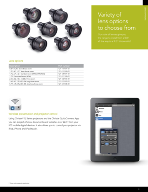 Page 5Variet y of   
lens options   
to choose from
Our suite of lenses give you 
the range to install from a 0.8:1 
all the way to a 9.2:1 throw ratio. 
3
4
LEnS OPTIOnS
3 Throw ratio varies by resolution.
Wireless presentation and projector control
Using Christie® Q Series projectors and the Christie QuickConnect App  
you can project photos, documents and websites over Wi-Fi from your   
iOS mobile digital devices. It also allows you to control your projector via 
iPad, iPhone and iPod touch. 
Lens options...