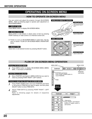 Page 2020
BEFORE OPERATION
HOW TO OPERATE ON-SCREEN MENU
FLOW OF ON-SCREEN MENU OPERATION
Display ON-SCREEN MENU
Press MENU button to display ON-SCREEN MENU (MENU
BAR).  A red frame is POINTER.
Move POINTER (red frame) to MENU ICON that you want to
select by pressing POINT RIGHT / LEFT buttons.
Adjust ITEM DATA by pressing POINT RIGHT / LEFT
buttons.
Refer to following pages for details of respective
adjustments.
Press POINT DOWN button and move POINTER (red frame
or red arrow) to ITEM that you want to adjust,...