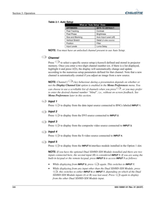 Page 35Section 3: Operation  
3-6 020-100001-01 Rev. 01 (04/07) 
 
Table 3.1. Auto Setup  
What an “Auto Setup” Does 
OPTIMIZES: SETS TO DEFAULT: 
Pixel Tracking  Contrast 
Pixel Phase  Brightness 
Size and Blanking  Auto Input Level (off) 
Vertical Stretch  Detail (if video source) 
Position Filter 
Input Levels   Luma Delay 
NOTE: You must have an unlocked channel present to use Auto Setup.  
Channel 
Press 
Channel to select a specific source setup (channel) defined and stored in projector 
memory. Once you...