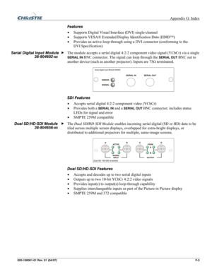 Page 172 Appendix G: Index 
020-100001-01 Rev. 01 (04/07)   F-3  
Features 
• Supports Digital Visual Interface (DVI) single-channel  
• Supports VESA® Extended Display Identification Data (EDID™)  
• Provides an active-loop-through using a DVI connector (conforming to the 
DVI Specification) 
 
The module accepts a serial digital 4:2:2 component video signal (YCbCr) via a single 
SERIAL IN BNC connector. The signal can loop through the SERIAL OUT BNC out to 
another device (such as another projector). Inputs...