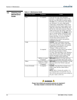Page 107Section 4: Maintenance  
4-4 020-100001-01 Rev. 01 (04/07)   
 
Table 4.1. Maintenance Guide 
Part Description Frequency Action 
Lens   As required  Clean the lens only when absolutely 
necessary. A small amount of dust on the 
lens has very little effect on picture quality. 
To clean: Use a soft lint-free cloth without 
any chemicals. Use only a high-quality 
coated optics cleaning fluid, which can be 
purchased from most camera supply stores. 
Apply the coated optics fluid directly onto 
the lint-free...
