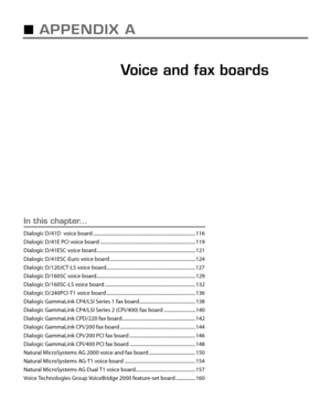 Page 123APPENDIX A
Voice and fax boards5
In this chapter...
Dialogic D/41D  voice board .................................................................................... 116
Dialogic D/41E PCI voice board .............................................................................. 119
Dialogic D/41ESC voice board................................................................................. 121
Dialogic D/41ESC-Euro voice board ...................................................................... 124...