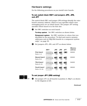 Page 125APPPENDIX A: Voice and fax boards117
Hardware settings
Do the following procedures as you install voice boards.
To set switch block SW1 and jumpers JP5, JP6, 
and JP7
The switch block SW1 and jumper JP6 settings identify the voice 
board’s memory address, which in turn specifies which voice 
messaging ports are on which board. The jumper JP7 setting 
specifies which board is in the first slot.
aSet SW1 switches on each board:
Turnkey systemSet SW1 switches as shown below.
Component systemSet SW1 switches...