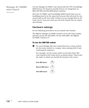 Page 138UNITY INSTALLATION GUIDE130
Dialogic D/160SC 
Continued
voice board
Use the Dialogic D/160SC voice board with the VTG VoiceBridge 
2000 feature-set board to provide feature-set integration on 
Mitel SX-200 and SX-2000 phone systems.
All of the D/160SC and VoiceBridge 2000 boards that you are 
installing must be in the same box because they all must be con-
nected with an SC bus cable. If there are not enough slots in the 
Unity server, then you must put all of the boards into an expan-
sion chassis....