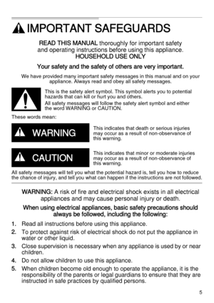 Page 55
, IMPORTANT SAFEGUARDS
READ THIS MANUAL thoroughly for important safety 
and operating instructions before using this appliance.
HOUSEHOLD USE ONLY
Your safety and the safety of others are very important.
We have provided many important safety messages in this manual and on your 
appliance. Always read and obey all safety messages.
These words mean:
All safety messages will tell you what the potential hazard is, tell you how to reduce 
the chance of injury, and tell you what can happen if the...