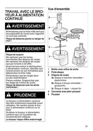 Page 5151
TRAVAIL AVEC LE BRO-
YEUR À ALIMENTATION 
CONTINUE
Vue d'ensemble
1Boîtier avec orifice de sortie
2Porte-disque
3Disques de coupe
3a  Disque à trancher réversible – 
épais/mince
3b  Disque à broyer réversible – 
grossier/fin
3c  Disque à râper – moyen-fin
4Couvercle avec pilon poussoir
5Poussoir
,AVERTISSEMENT
N'introduisez pas la fiche mâle tant que 
les préparatifs du travail avec l'appareil 
ne sont pas achevés. 
Risque de blessures graves ou danger de 
mort !
,AVERTISSEMENT
Risque de...