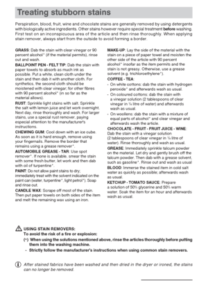 Page 1111
Treating stubborn stains
USING STAIN REMOVERS:
To avoid the risk of a fire or explosion:
(
*)  When using the solutions mentioned above, rinse the articles thoroughly before putting
them into the washing machine.
- Strictly follow the manufacturer's instructions when using common stain removers. Perspiration, blood, fruit, wine and chocolate stains are generally removed by using detergents
with biologically active ingredients. Other stains however require special treatment beforewashing.
First...