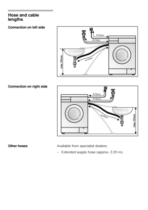 Page 5757
Hose and cable 
lengths 
Connection on left side 
Connection on right side 
Other hoses Available from specialist dealers: 
– Extended supply hose (approx. 2.20 m). 
mcmax.100mcmax.100
110cm~
~
100cm~
~
110cm~
~
mcmax.100mcmax.100
150cm~
~
140cm~
~
150cm~
~
 