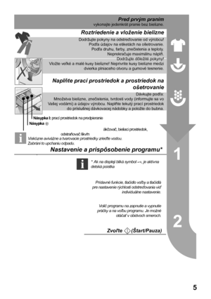 Page 25
5

 
  
 
 

Pred prvým pranímvykonajte jedenkrát pranie bez bielizne.
Roztriedenie a vloženie bielizne
Dodržujte pokyny na odstreďovanie od výrobcu!Podľa údajov na etiketách na ošetrovanie.Podľa druhu, farby, znečistenia a teploty.
Neprekračuje maximálnu náplň.Dodržujte dôležité pokyny!Vložte veľké a malé kusy bielizne! Neprivrite kusy bielizne medzi dvierka plniaceho otvoru a gumové tesnenie.
Naplňte prací prostriedok a prostriedok na 
ošetrovanie
Dávkujte podľa:Množstva bielizne, znečistenia,...