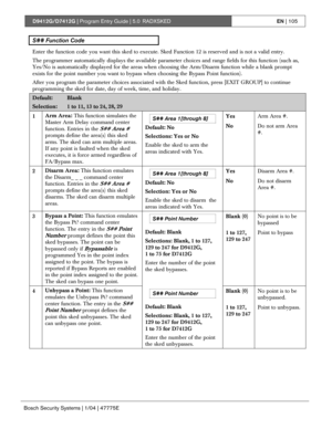 Page 105D9412G/D7412G | Program Entry Guide | 5.0 RADXSKEDEN | 105
Bosch Security Systems | 1/04 | 47775E
S## Function Code
Enter the function code you want this sked to execute. Sked Function 12 is reserved and is not a valid entry.
The programmer automatically displays the available parameter choices and range fields for this function (such as,
Yes/No is automatically displayed for the areas when choosing the Arm/Disarm function while a blank prompt
exists for the point number you want to bypass when choosing...